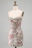 Pink Flower Jacquard Corset Bodycon Sequins Strapless Short Homecoming Dress