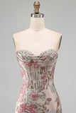 Pink Flower Jacquard Corset Bodycon Sequins Strapless Short Homecoming Dress