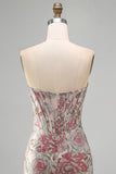 Pink Flower Jacquard Corset Bodycon Sequins Strapless Short Homecoming Dress