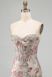 Pink Flower Jacquard Corset Bodycon Sequins Strapless Short Homecoming Dress