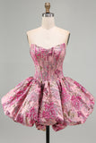 Red Flower Corset Jacquard A-Line Strapless Short Homecoming Dress with Bubble Hem