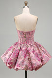 Red Flower Corset Jacquard A-Line Strapless Short Homecoming Dress with Bubble Hem