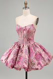 Red Flower Corset Jacquard A-Line Strapless Short Homecoming Dress with Bubble Hem