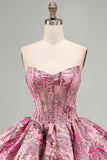 Red Flower Corset Jacquard A-Line Strapless Short Homecoming Dress with Bubble Hem