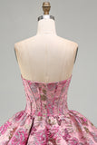 Red Flower Corset Jacquard A-Line Strapless Short Homecoming Dress with Bubble Hem