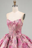 Red Flower Corset Jacquard A-Line Strapless Short Homecoming Dress with Bubble Hem