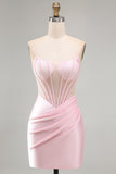 Pink Sheer Corset Ruched Satin Bodycon Short Homecoming Dress with Beading