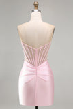 Pink Sheer Corset Ruched Satin Bodycon Short Homecoming Dress with Beading