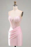 Pink Sheer Corset Ruched Satin Bodycon Short Homecoming Dress with Beading