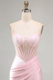 Pink Sheer Corset Ruched Satin Bodycon Short Homecoming Dress with Beading
