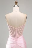 Pink Sheer Corset Ruched Satin Bodycon Short Homecoming Dress with Beading