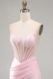 Pink Sheer Corset Ruched Satin Bodycon Short Homecoming Dress with Beading