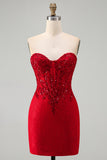 Red Bodycon Strapless Beaded Sequin Corset Short Homecoming Dress with Lace