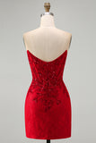 Red Bodycon Strapless Beaded Sequin Corset Short Homecoming Dress with Lace