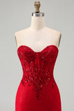 Red Bodycon Strapless Beaded Sequin Corset Short Homecoming Dress with Lace