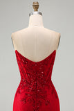 Red Bodycon Strapless Beaded Sequin Corset Short Homecoming Dress with Lace