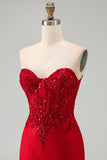 Red Bodycon Strapless Beaded Sequin Corset Short Homecoming Dress with Lace