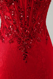 Red Bodycon Strapless Beaded Sequin Corset Short Homecoming Dress with Lace
