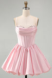 Pink A-Line Corset Satin Sequins Short Homecoming Dress with Bubble Hem