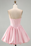 Pink A-Line Corset Satin Sequins Short Homecoming Dress with Bubble Hem