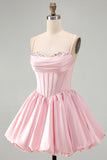 Pink A-Line Corset Satin Sequins Short Homecoming Dress with Bubble Hem