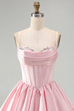 Pink A-Line Corset Satin Sequins Short Homecoming Dress with Bubble Hem