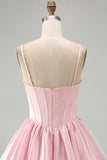Pink A-Line Corset Satin Sequins Short Homecoming Dress with Bubble Hem