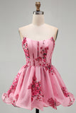 Pink A Line Strapless Ruffled Hem Corset Floral Printed Short Homecoming Dress