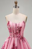 Pink A Line Strapless Ruffled Hem Corset Floral Printed Short Homecoming Dress