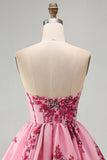 Pink A Line Strapless Ruffled Hem Corset Floral Printed Short Homecoming Dress