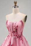 Pink A Line Strapless Ruffled Hem Corset Floral Printed Short Homecoming Dress