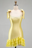 Yellow Satin Tiered Ruffled Hem Pearls Beaded Short Homecoming Dress with Bow Straps