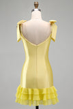 Yellow Satin Tiered Ruffled Hem Pearls Beaded Short Homecoming Dress with Bow Straps