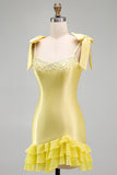 Yellow Satin Tiered Ruffled Hem Pearls Beaded Short Homecoming Dress with Bow Straps