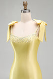 Yellow Satin Tiered Ruffled Hem Pearls Beaded Short Homecoming Dress with Bow Straps