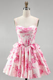 Pink Corset A-Line Tiered Ruffled Floral Printed Short Homecoming Dress