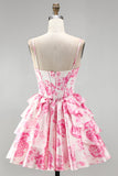 Pink Corset A-Line Tiered Ruffled Floral Printed Short Homecoming Dress
