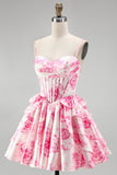 Pink Corset A-Line Tiered Ruffled Floral Printed Short Homecoming Dress