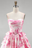 Pink Corset A-Line Tiered Ruffled Floral Printed Short Homecoming Dress