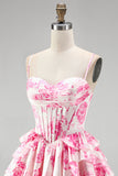 Pink Corset A-Line Tiered Ruffled Floral Printed Short Homecoming Dress