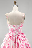 Pink Corset A-Line Tiered Ruffled Floral Printed Short Homecoming Dress
