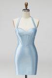 Light Blue Halter Corset Bodycon Short Homecoming Dress with Beading