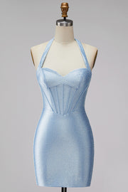 Light Blue Halter Corset Bodycon Short Homecoming Dress with Beading