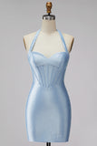 Light Blue Halter Corset Bodycon Short Homecoming Dress with Beading
