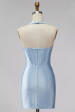 Light Blue Halter Corset Bodycon Short Homecoming Dress with Beading