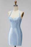 Light Blue Halter Corset Bodycon Short Homecoming Dress with Beading