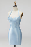 Light Blue Halter Corset Bodycon Short Homecoming Dress with Beading