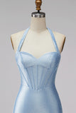 Light Blue Halter Corset Bodycon Short Homecoming Dress with Beading