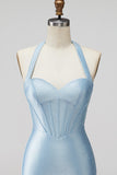 Light Blue Halter Corset Bodycon Short Homecoming Dress with Beading