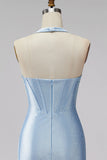 Light Blue Halter Corset Bodycon Short Homecoming Dress with Beading